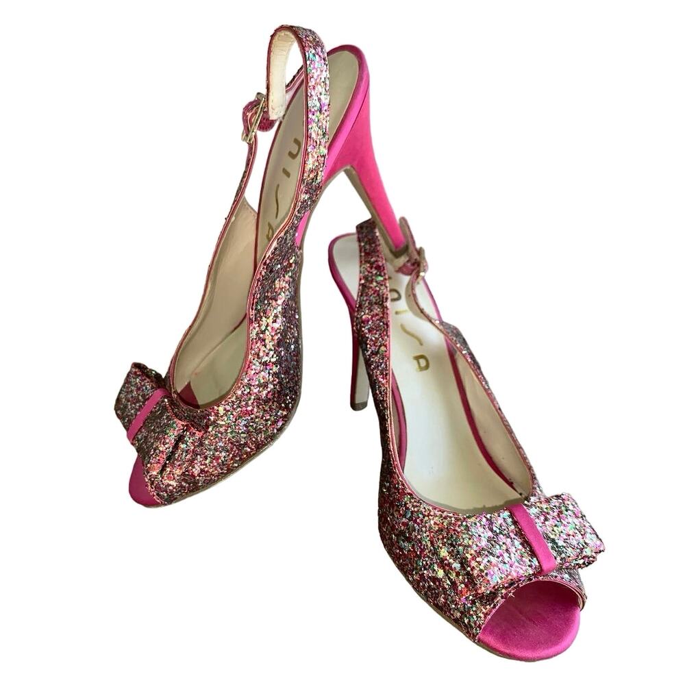Unisa Sparkle Peep Toe Bow Pump Heels Glitter and Satin in Barbie Pink Size 7.5